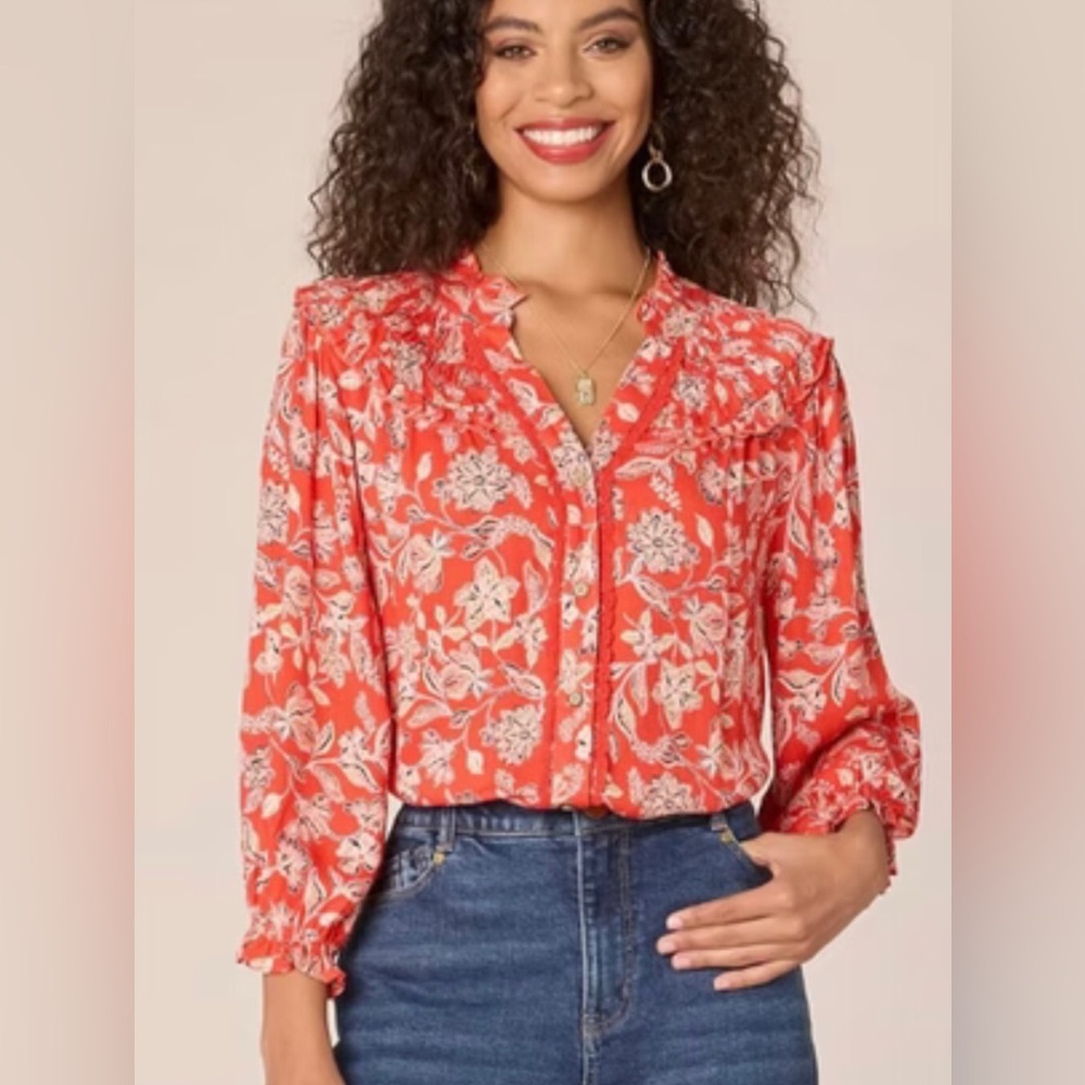 Democracy Red Floral Smocked Neck Rayon Boho Blouse